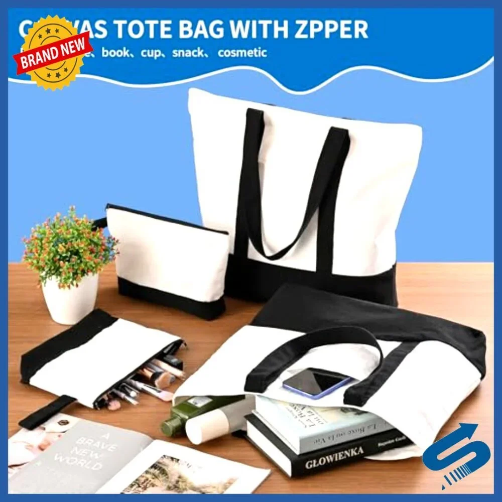 Canvas Tote Bags Set with Makeup Pouches Reusable Zippered Grocery Travel
